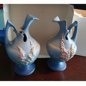 WOW Matched PAIR Roseville Foxglove Blue Ewers (Roseville USA 5-10") GORGEOUS ☀️